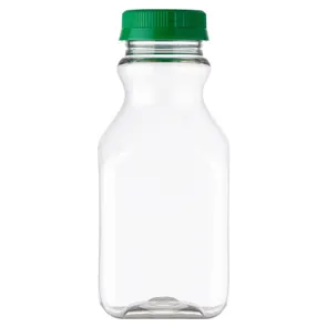 6 OZ CLEAR PET PLASTIC SQUARE JUICE BOTTLE WITH 43 MM GREEN TAMPER EVIDENT CLOSURE